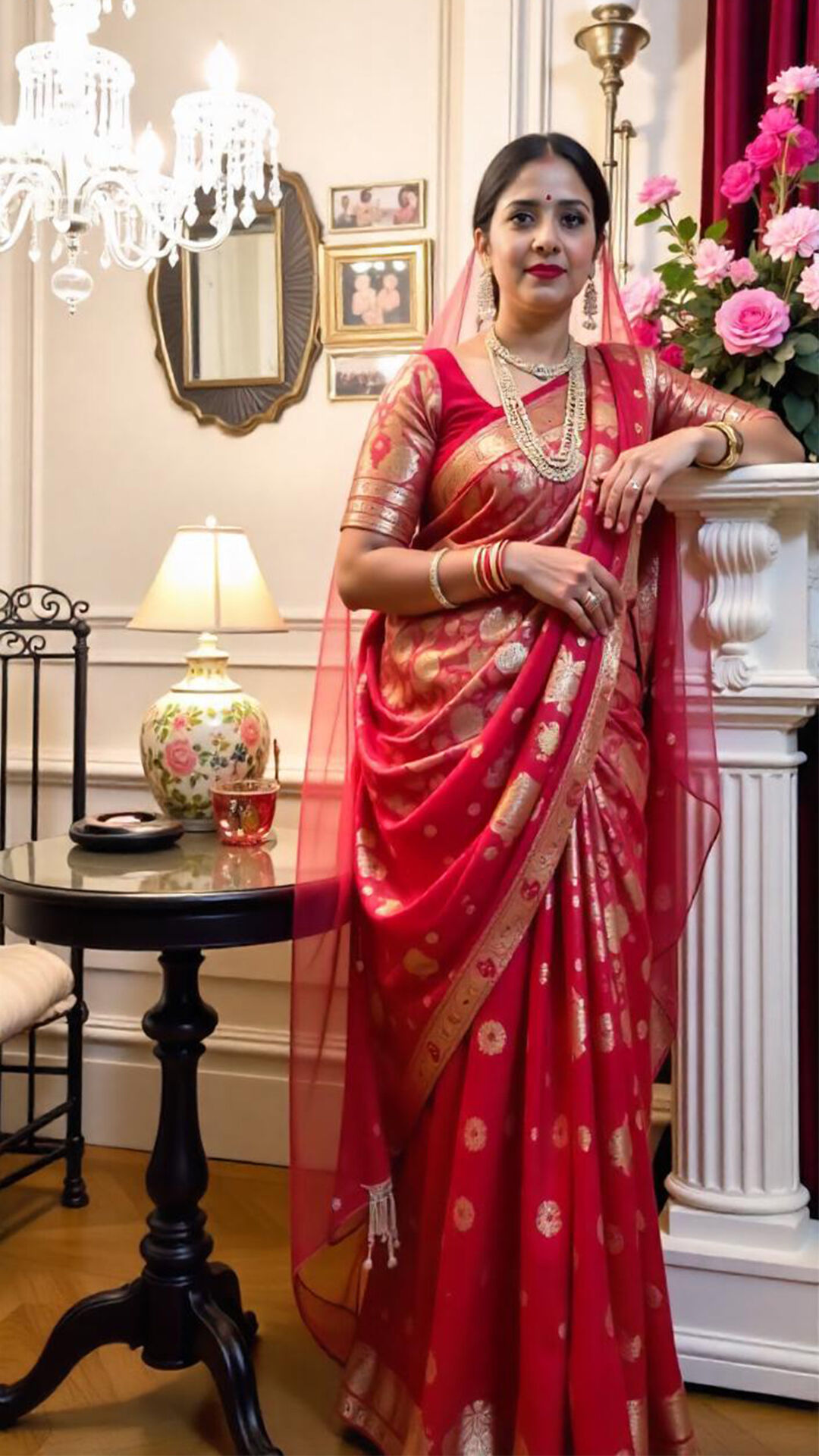 Woman flaunting a designer red saree adorned with exquisite jewelry, perfect for a bridal look